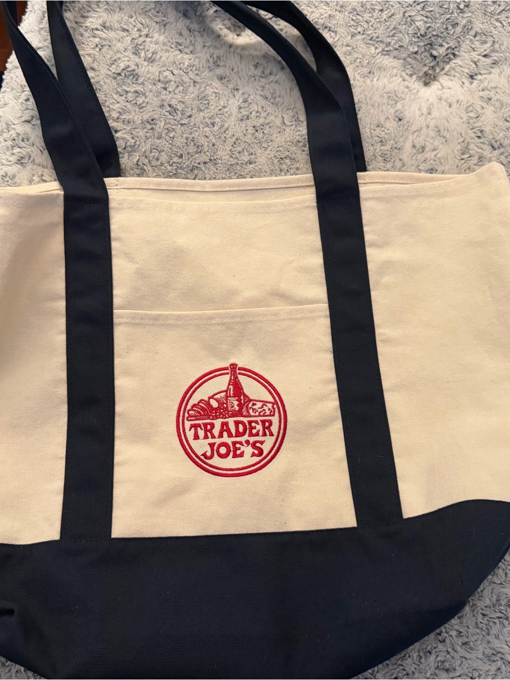 Trader Joe's Canvas Tote in Cream and blue